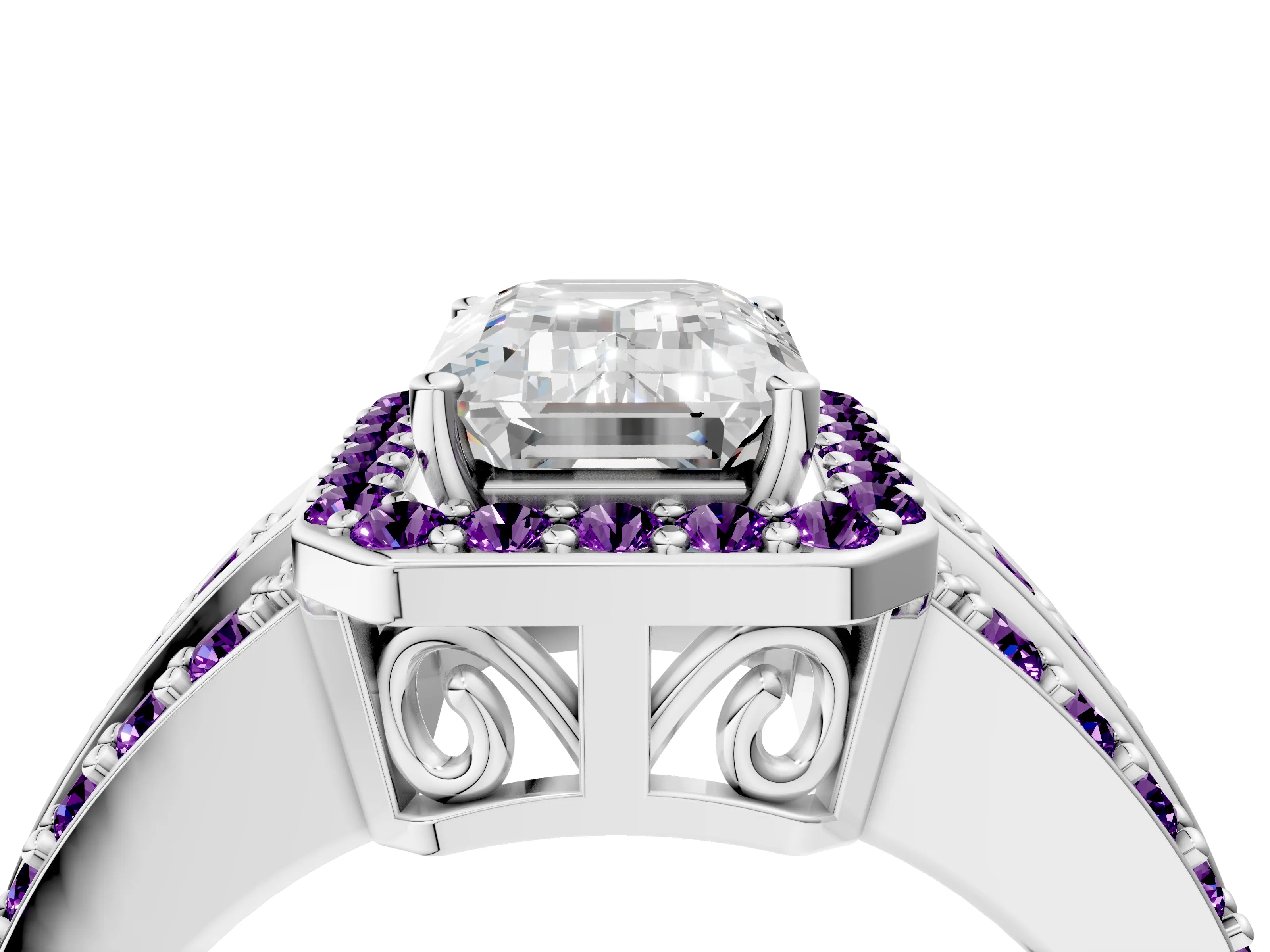 White gold Emerald Cut Halo Diamond Ring with Round with Amethyst side stone Split Shank and Prong Setting_52