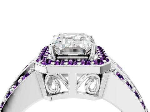 White gold Emerald Cut Halo Diamond Ring with Round with Amethyst side stone Split Shank and Prong Setting_52