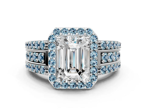 White gold Emerald Cut Halo Diamond Ring with Round with Aquamarine side stone Split Shank and Prong Setting_12