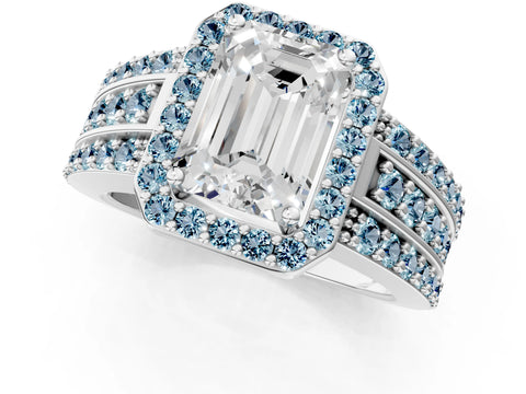White gold Emerald Cut Halo Diamond Ring with Round with Aquamarine side stone Split Shank and Prong Setting_13