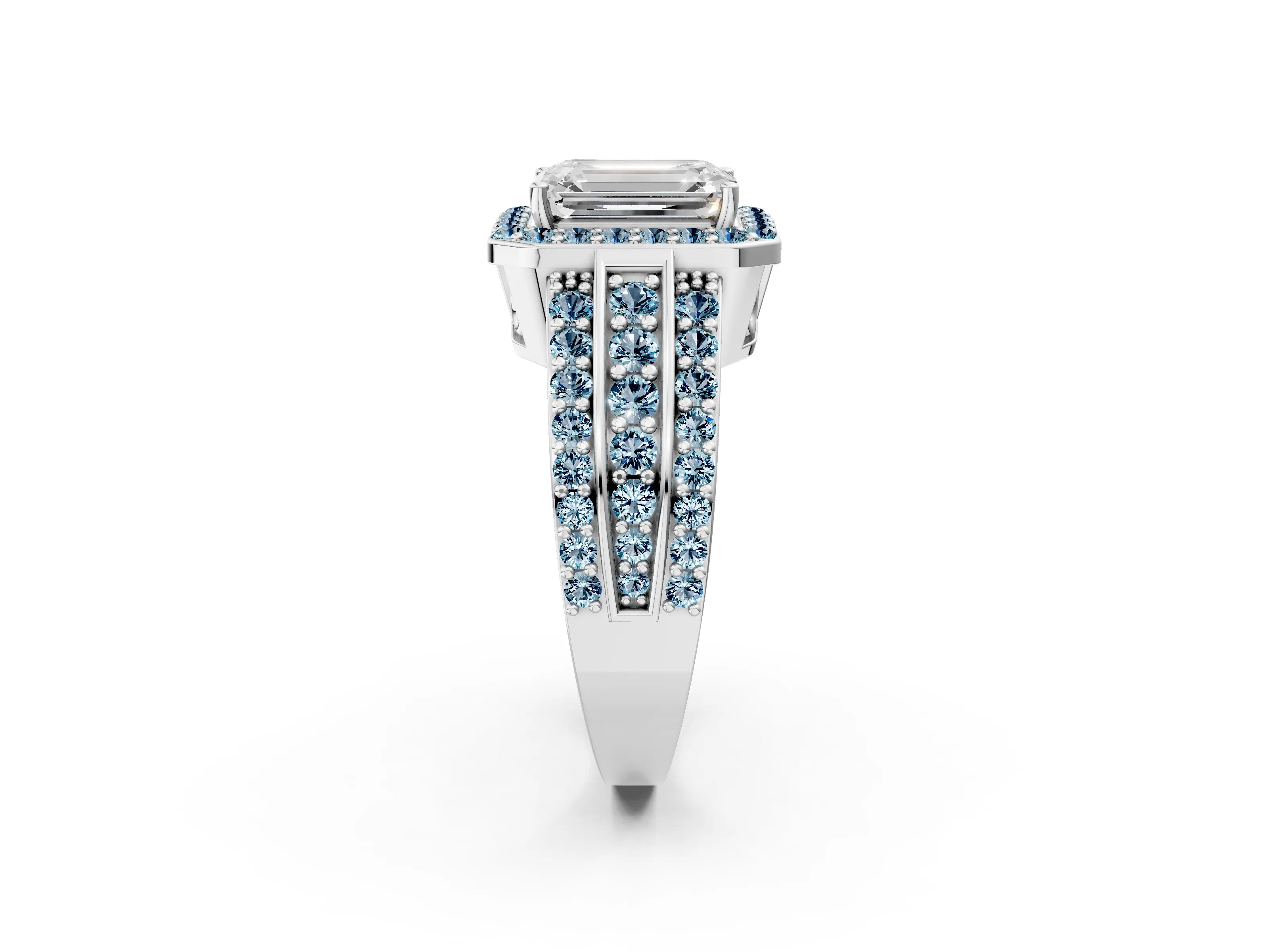White gold Emerald Cut Halo Diamond Ring with Round with Aquamarine side stone Split Shank and Prong Setting_14