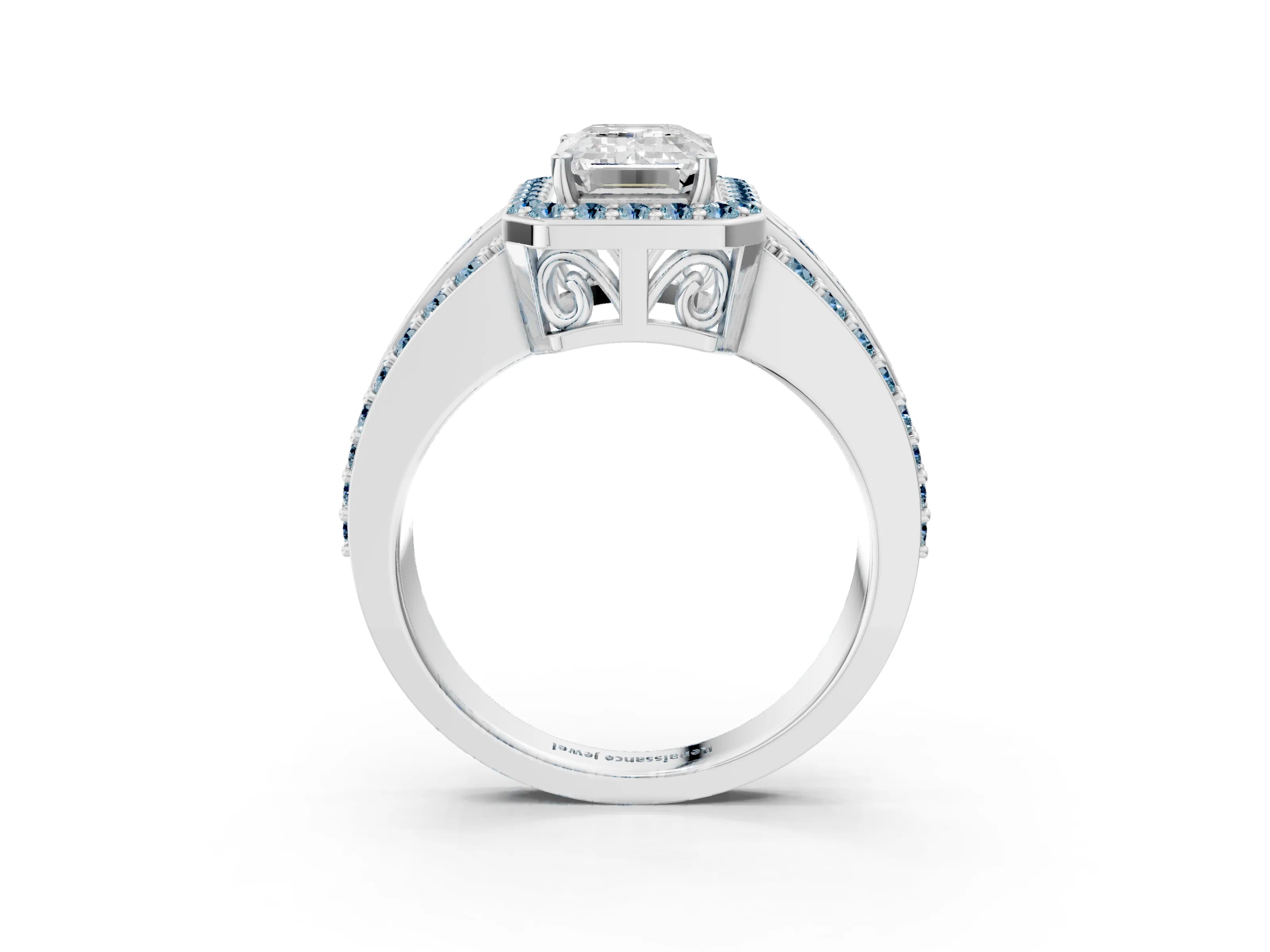 White gold Emerald Cut Halo Diamond Ring with Round with Aquamarine side stone Split Shank and Prong Setting_15