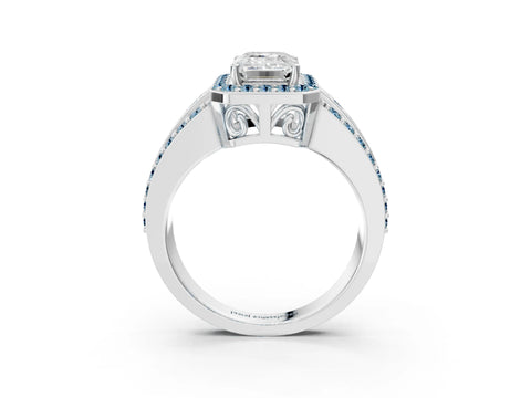 White gold Emerald Cut Halo Diamond Ring with Round with Aquamarine side stone Split Shank and Prong Setting_15