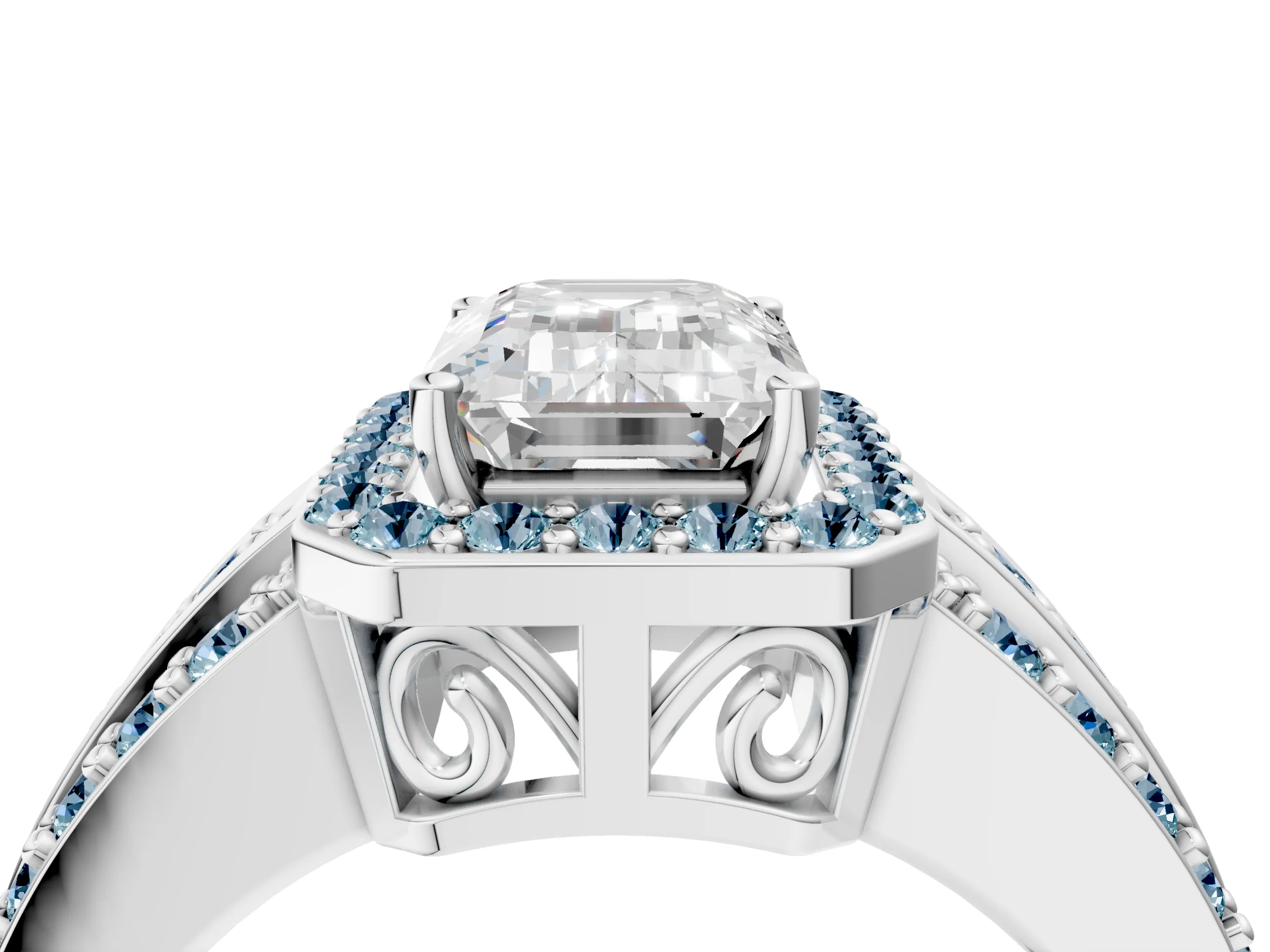 White gold Emerald Cut Halo Diamond Ring with Round with Aquamarine side stone Split Shank and Prong Setting_16