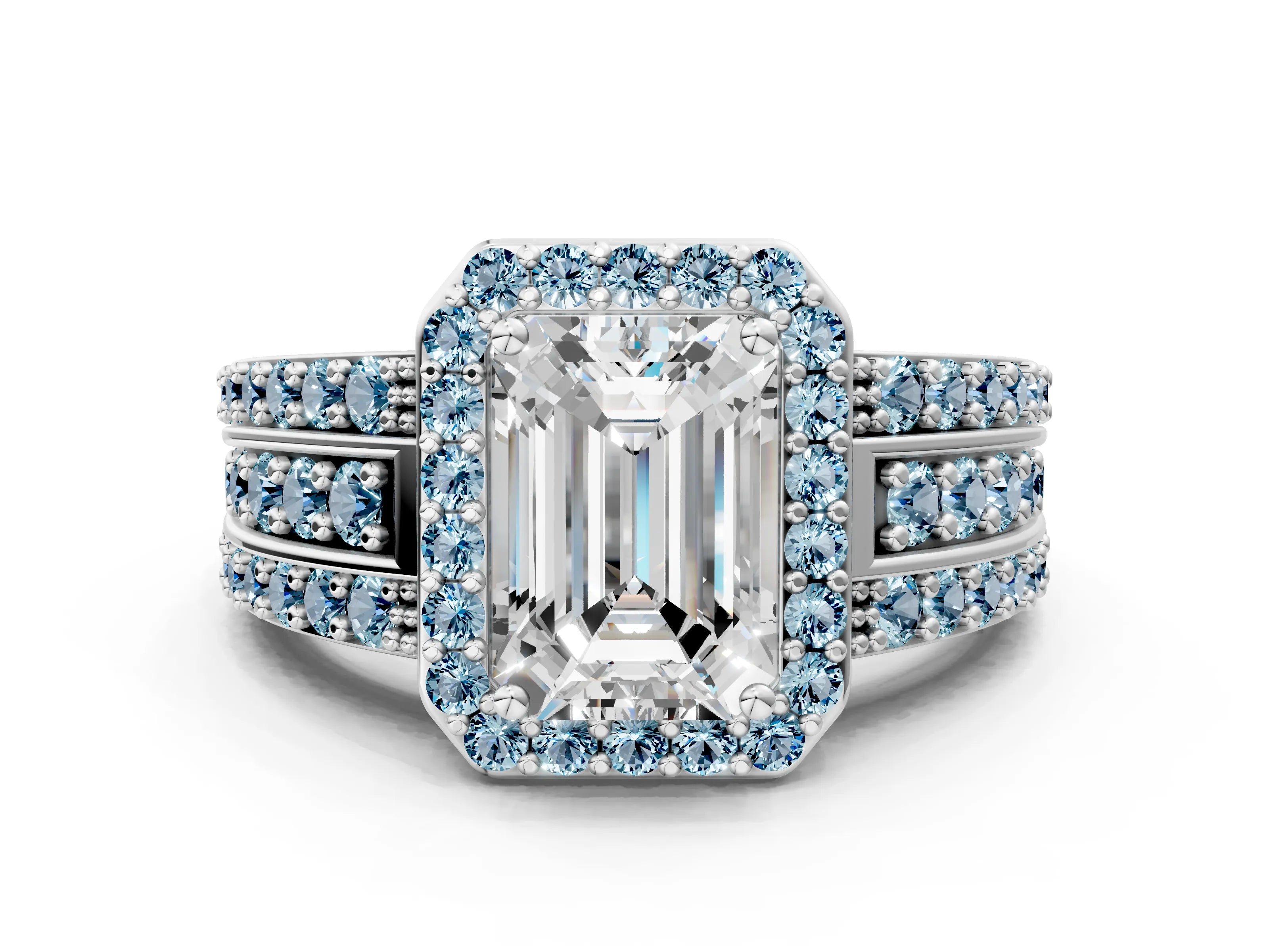 White gold Emerald Cut Halo Diamond Ring with Round with Aquamarine side stone Split Shank and Prong Setting_24