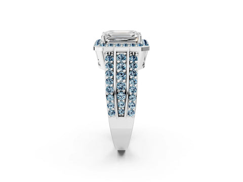 White gold Emerald Cut Halo Diamond Ring with Round with Aquamarine side stone Split Shank and Prong Setting_26