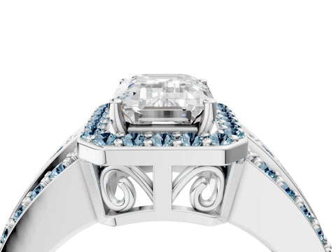 White gold Emerald Cut Halo Diamond Ring with Round with Aquamarine side stone Split Shank and Prong Setting_28