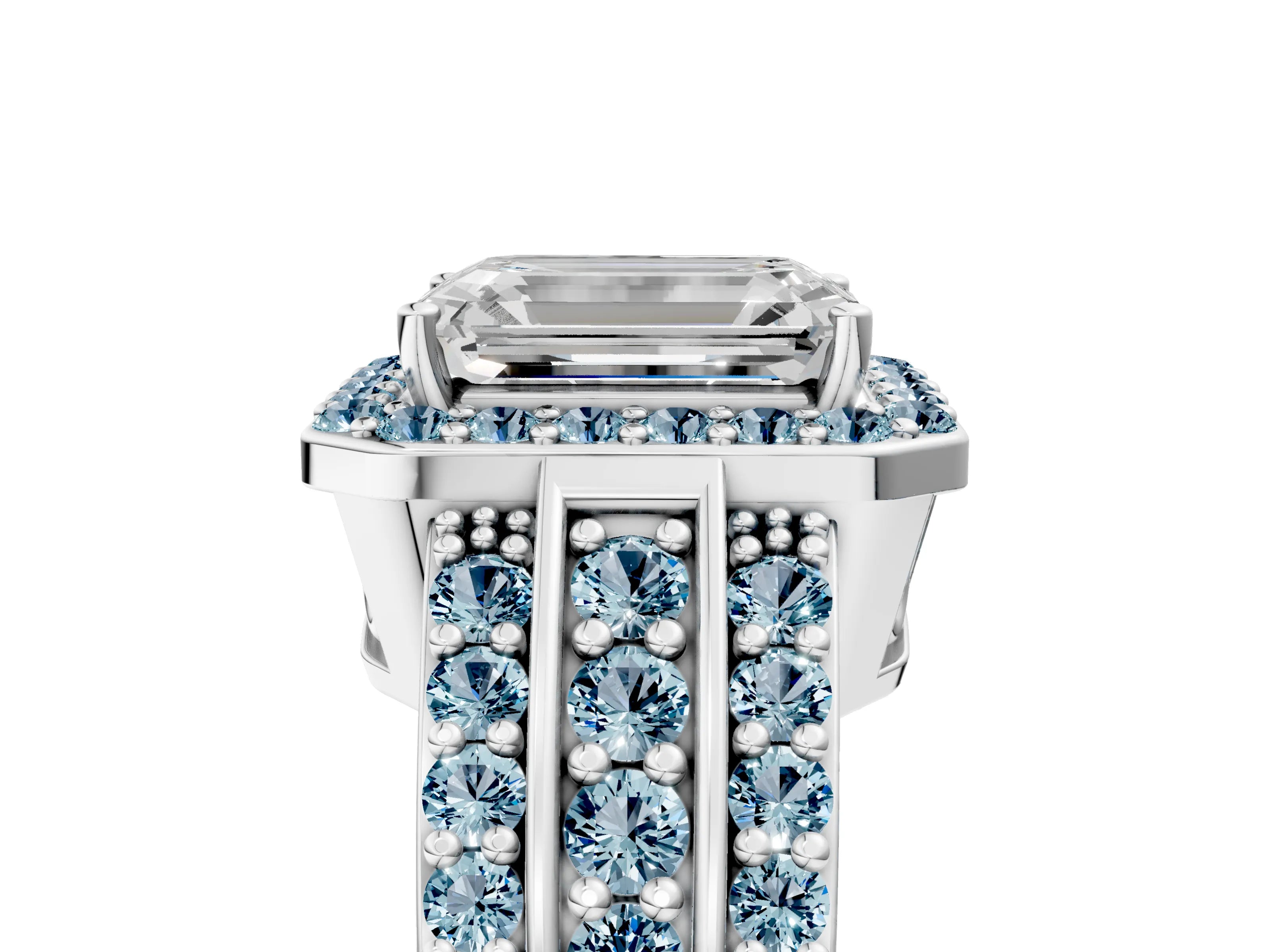 White gold Emerald Cut Halo Diamond Ring with Round with Aquamarine side stone Split Shank and Prong Setting_29