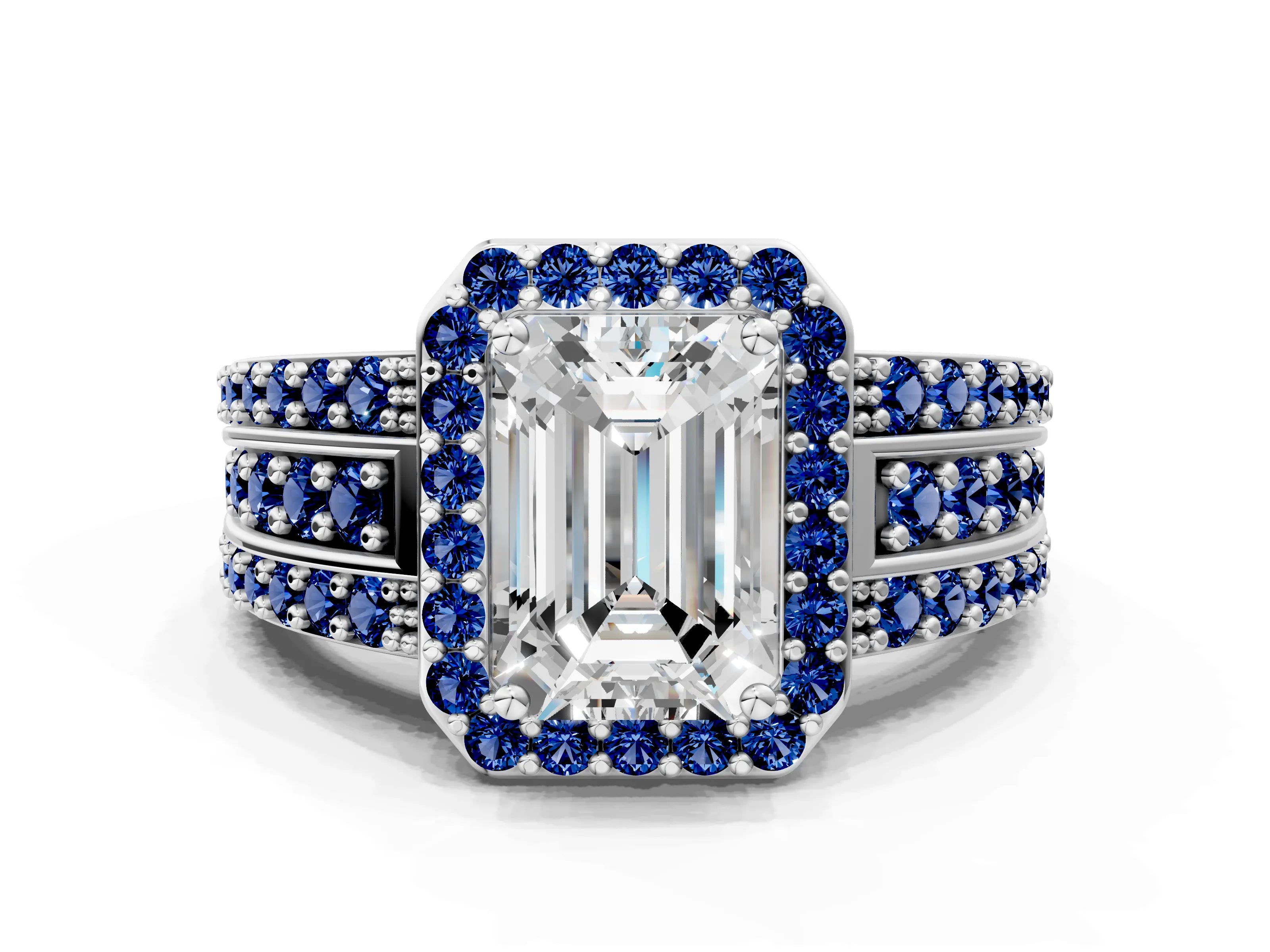 White gold Emerald Cut Halo Diamond Ring with Round with Blue Sapphire side stone Split Shank and Prong Setting_36