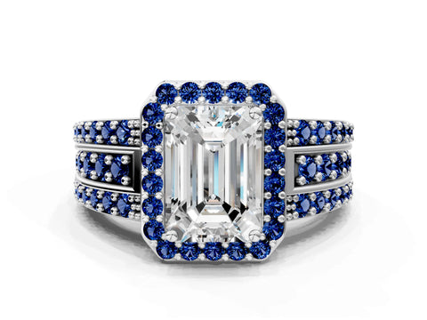 White gold Emerald Cut Halo Diamond Ring with Round with Blue Sapphire side stone Split Shank and Prong Setting_36