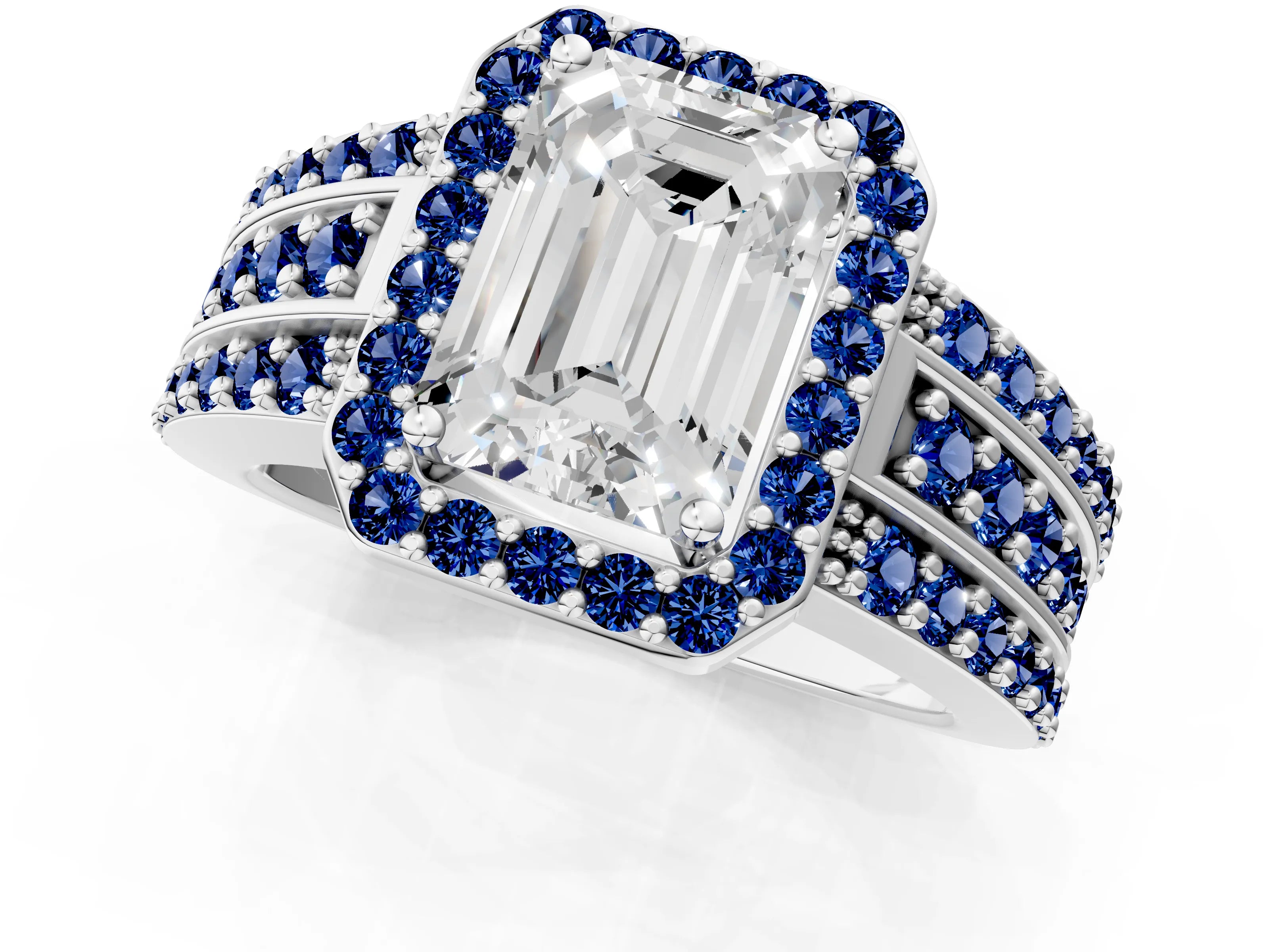 White gold Emerald Cut Halo Diamond Ring with Round with Blue Sapphire side stone Split Shank and Prong Setting_37