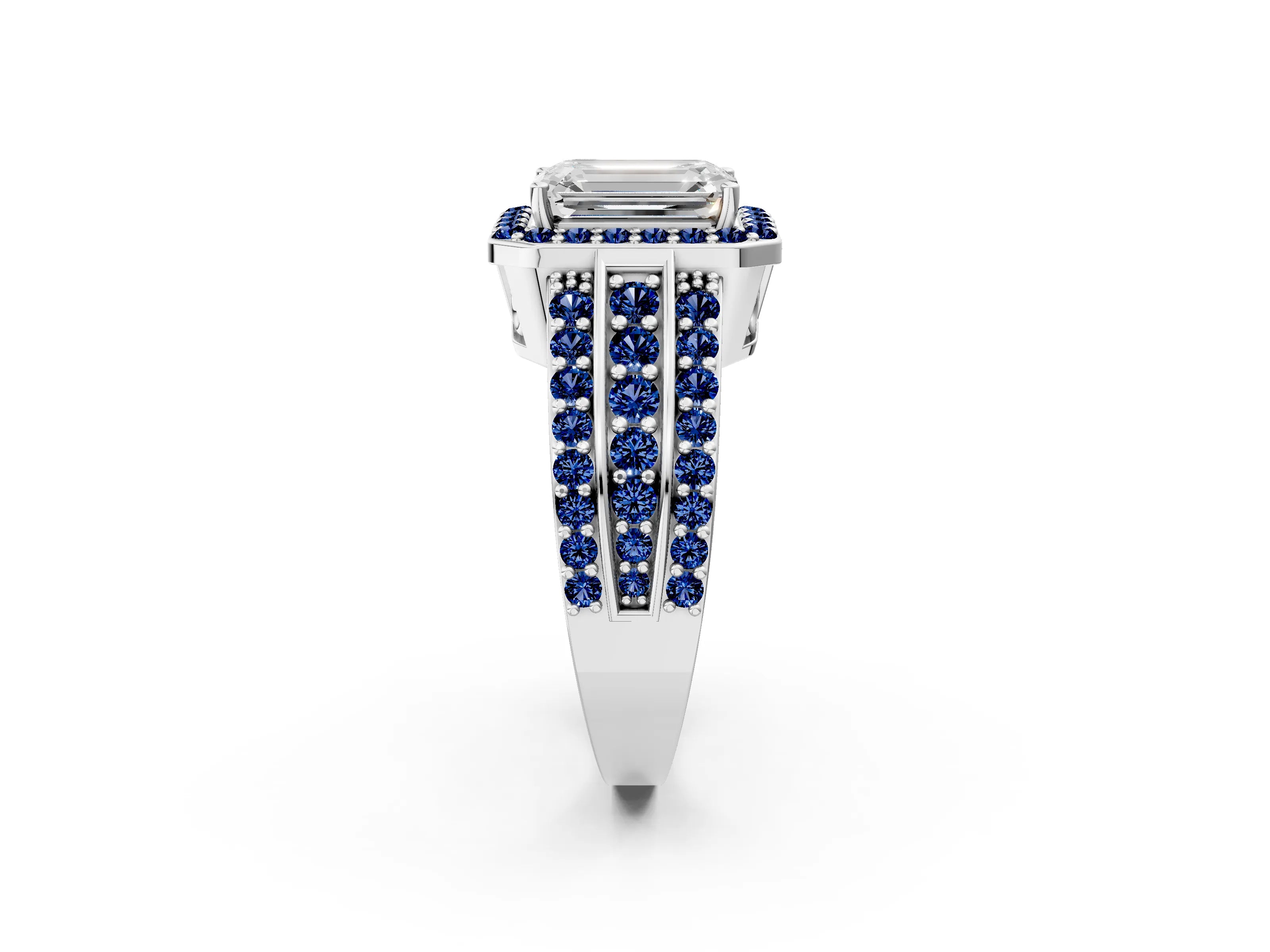 White gold Emerald Cut Halo Diamond Ring with Round with Blue Sapphire side stone Split Shank and Prong Setting_38