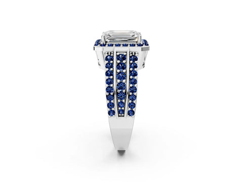 White gold Emerald Cut Halo Diamond Ring with Round with Blue Sapphire side stone Split Shank and Prong Setting_38