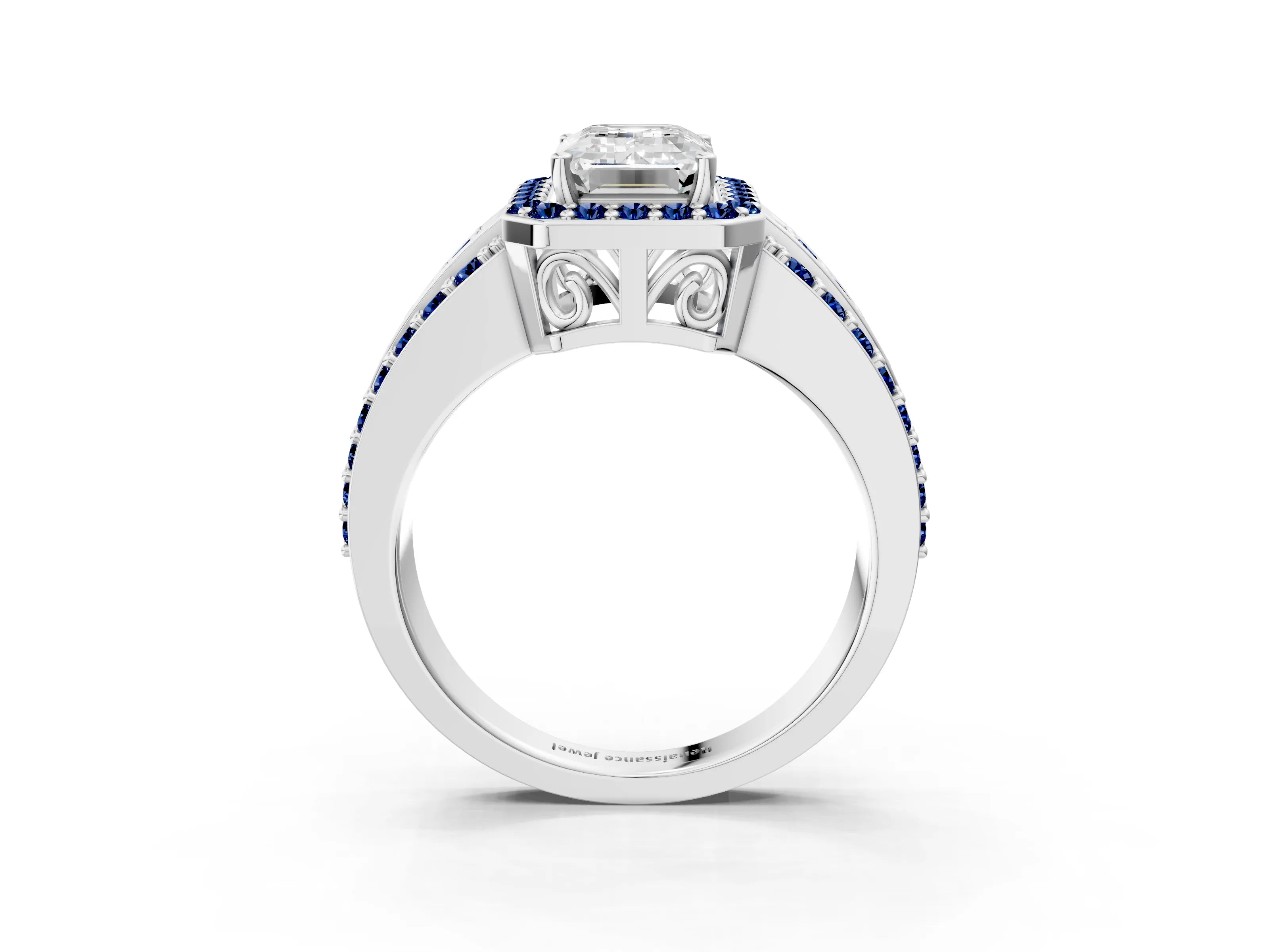 White gold Emerald Cut Halo Diamond Ring with Round with Blue Sapphire side stone Split Shank and Prong Setting_39