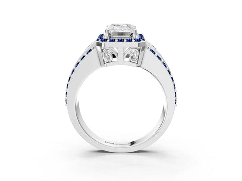 White gold Emerald Cut Halo Diamond Ring with Round with Blue Sapphire side stone Split Shank and Prong Setting_39