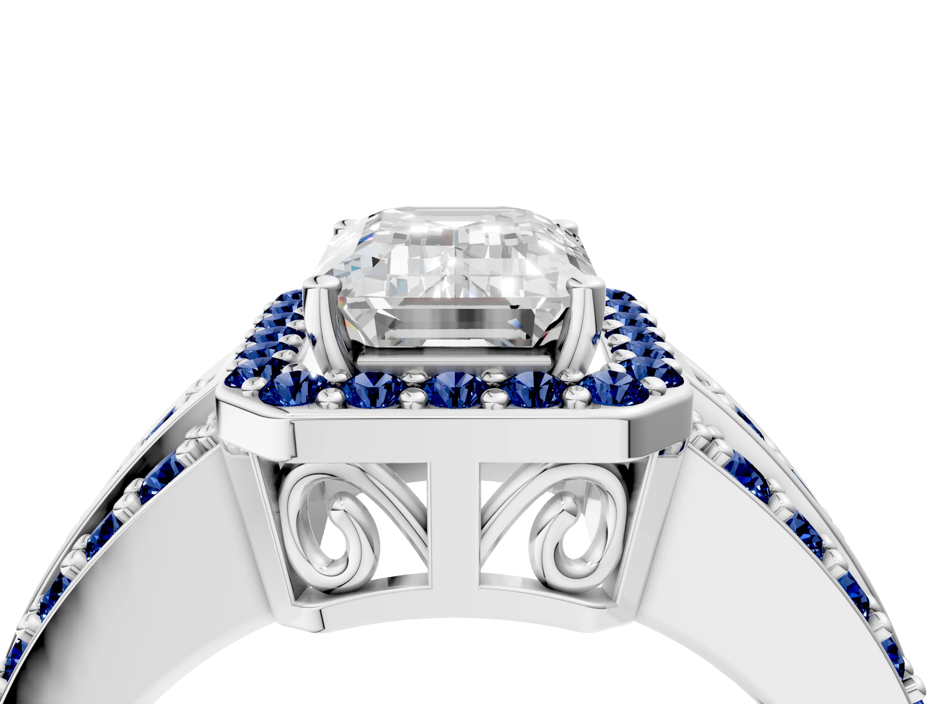 White gold Emerald Cut Halo Diamond Ring with Round with Blue Sapphire side stone Split Shank and Prong Setting_40