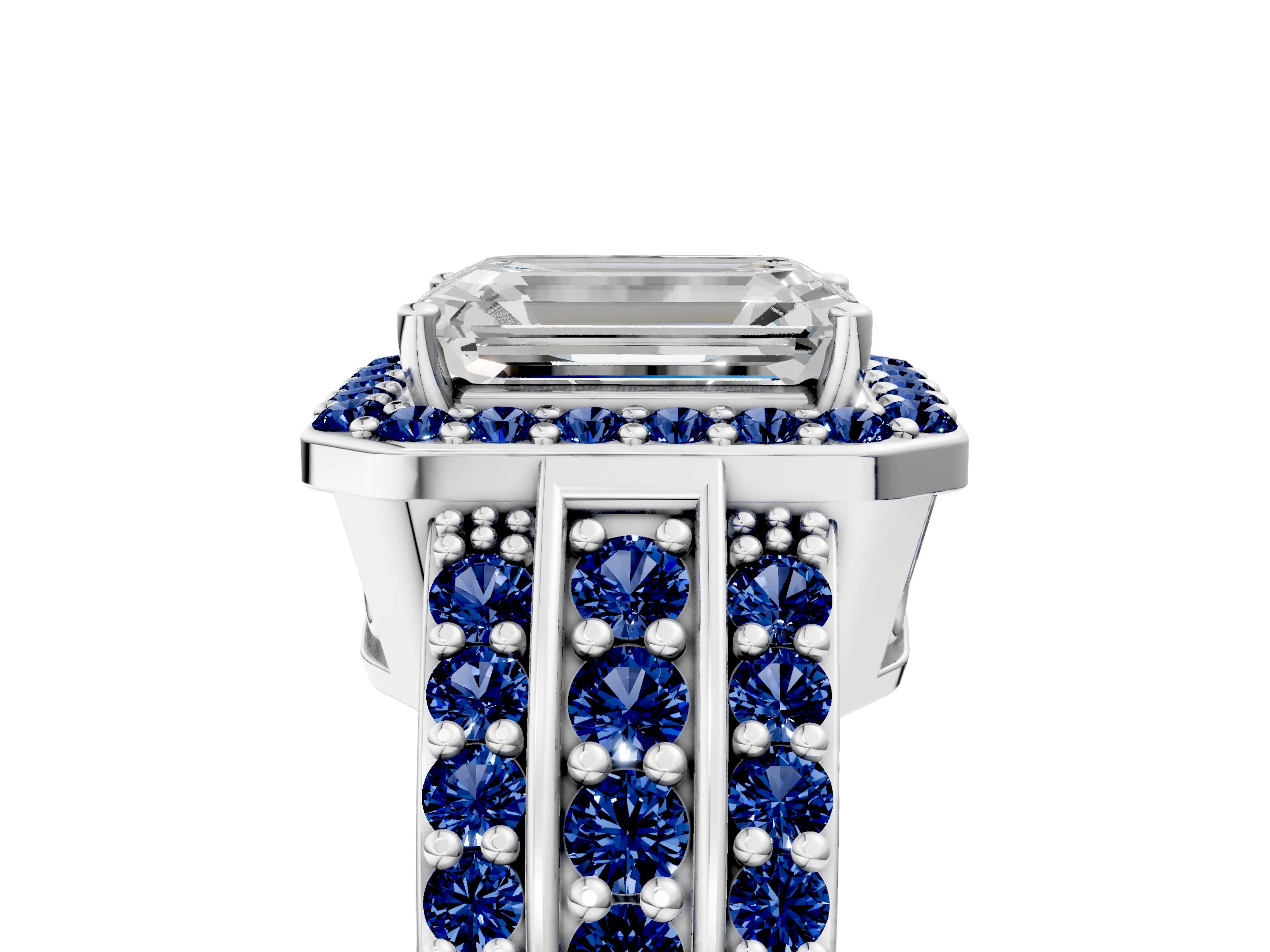 White gold Emerald Cut Halo Diamond Ring with Round with Blue Sapphire side stone Split Shank and Prong Setting_41