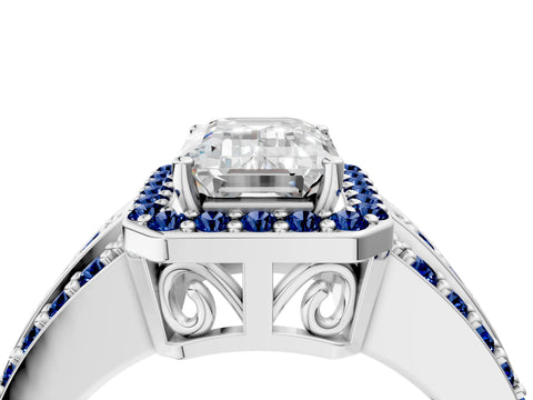 White gold Emerald Cut Halo Diamond Ring with Round with Blue Sapphire side stone Split Shank and Prong Setting_52
