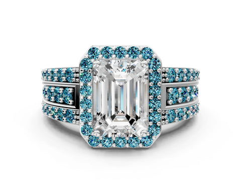 White gold Emerald Cut Halo Diamond Ring with Round with Blue Topaz side stone Split Shank and Prong Setting_36