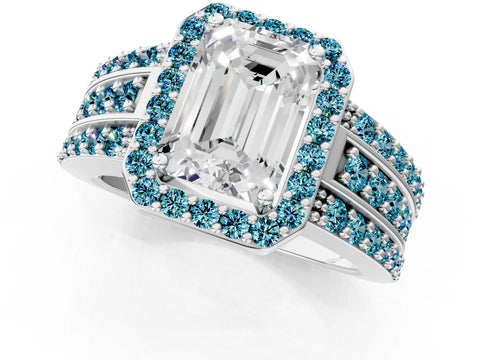 White gold Emerald Cut Halo Diamond Ring with Round with Blue Topaz side stone Split Shank and Prong Setting_37