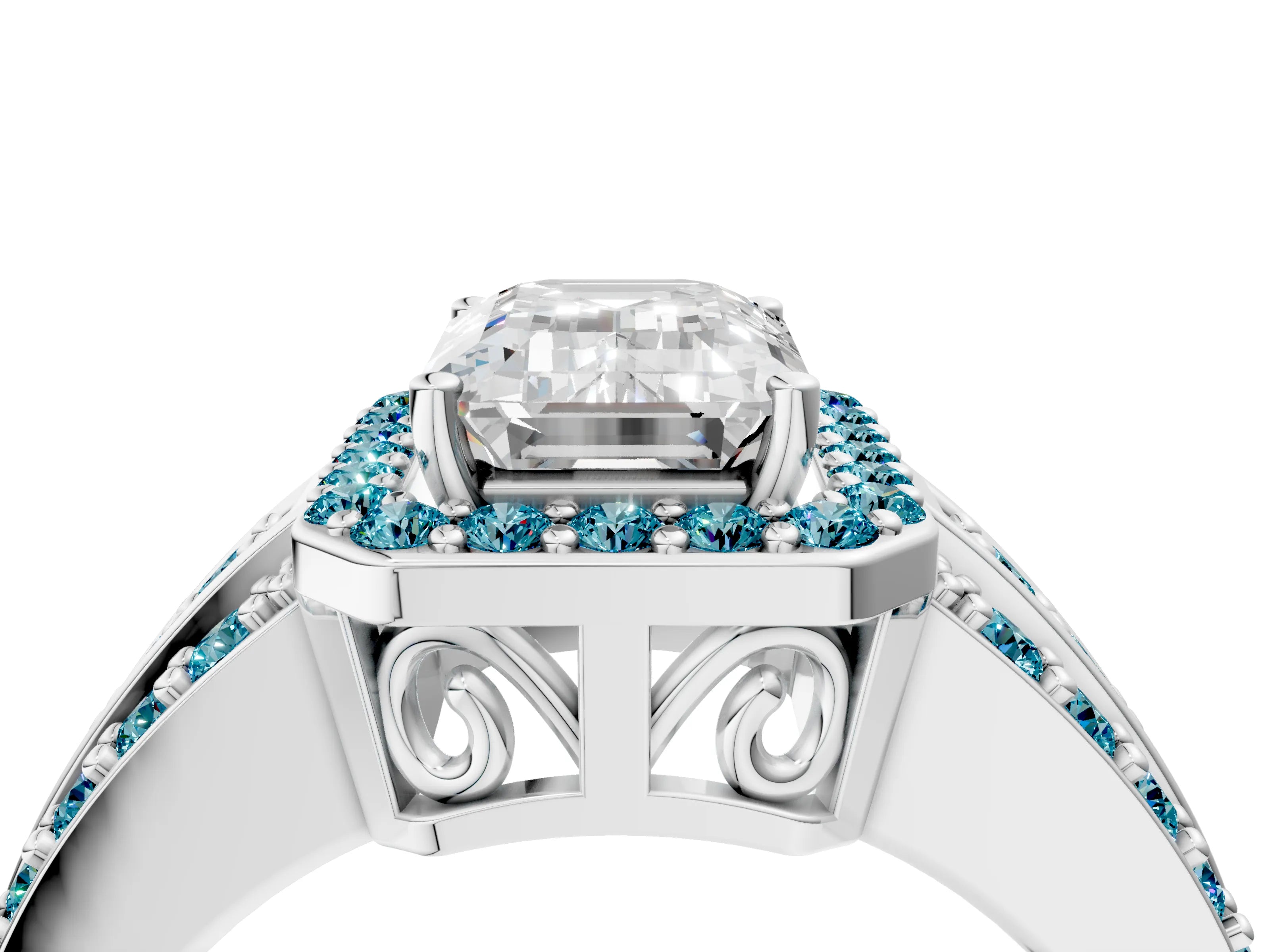 White gold Emerald Cut Halo Diamond Ring with Round with Blue Topaz side stone Split Shank and Prong Setting_40