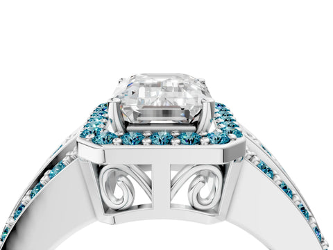 White gold Emerald Cut Halo Diamond Ring with Round with Blue Topaz side stone Split Shank and Prong Setting_40