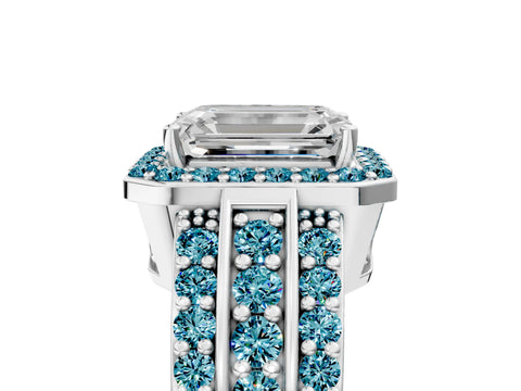 White gold Emerald Cut Halo Diamond Ring with Round with Blue Topaz side stone Split Shank and Prong Setting_41