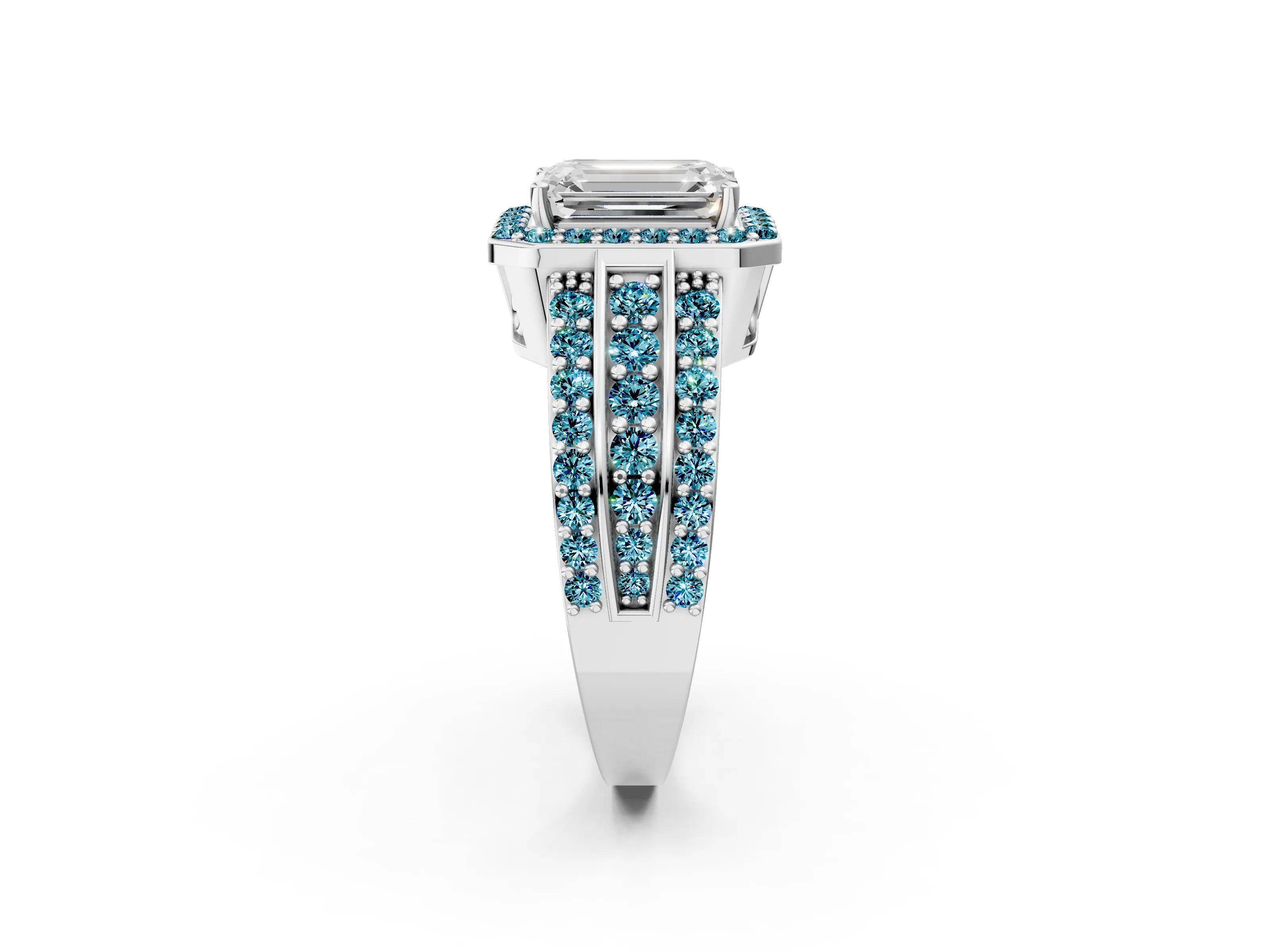 White gold Emerald Cut Halo Diamond Ring with Round with Blue Topaz side stone Split Shank and Prong Setting_50
