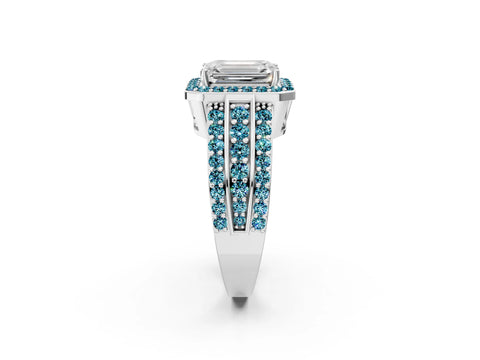 White gold Emerald Cut Halo Diamond Ring with Round with Blue Topaz side stone Split Shank and Prong Setting_50