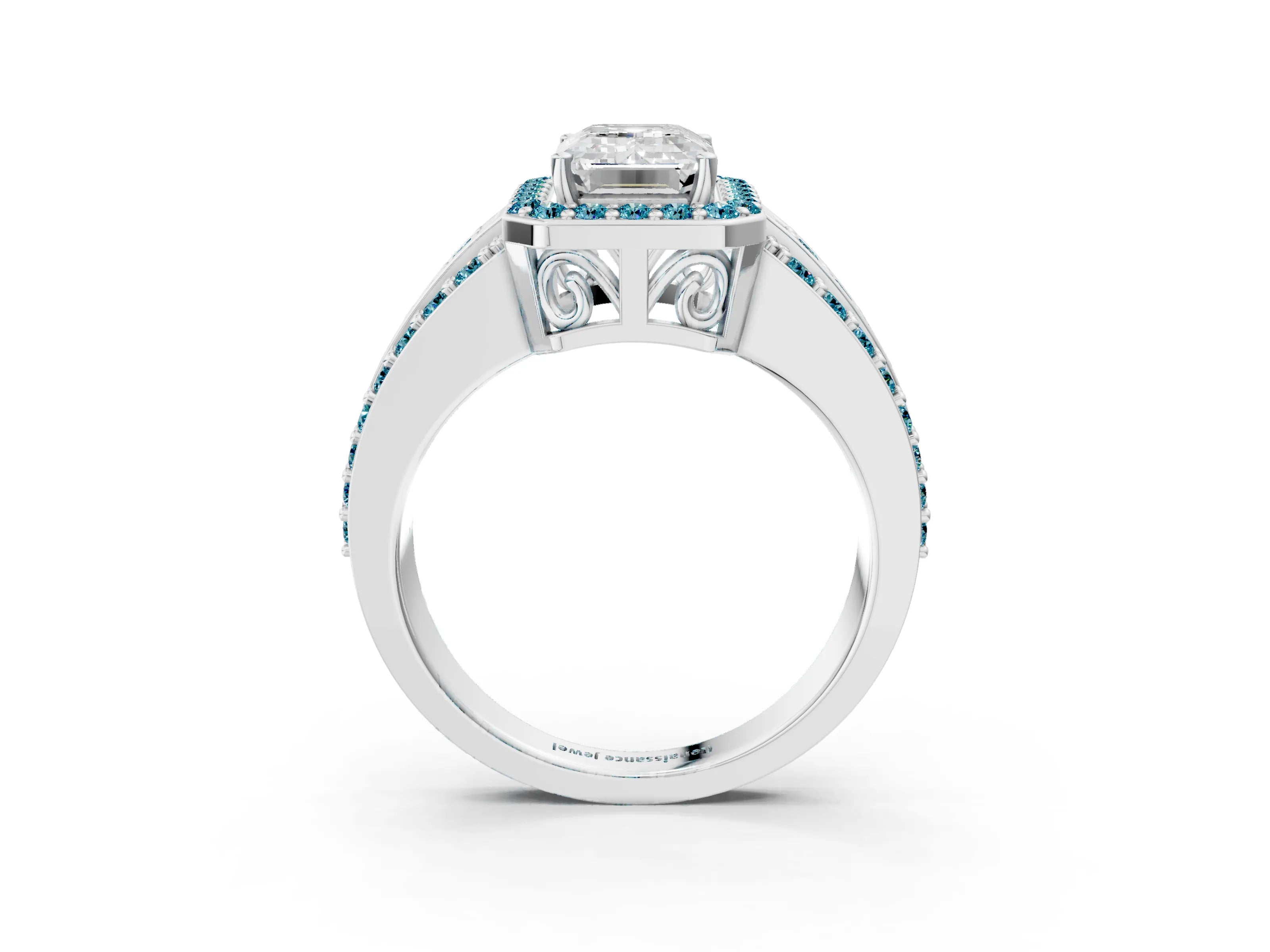 White gold Emerald Cut Halo Diamond Ring with Round with Blue Topaz side stone Split Shank and Prong Setting_51