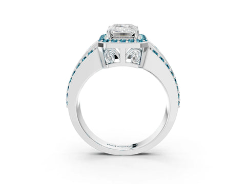 White gold Emerald Cut Halo Diamond Ring with Round with Blue Topaz side stone Split Shank and Prong Setting_51