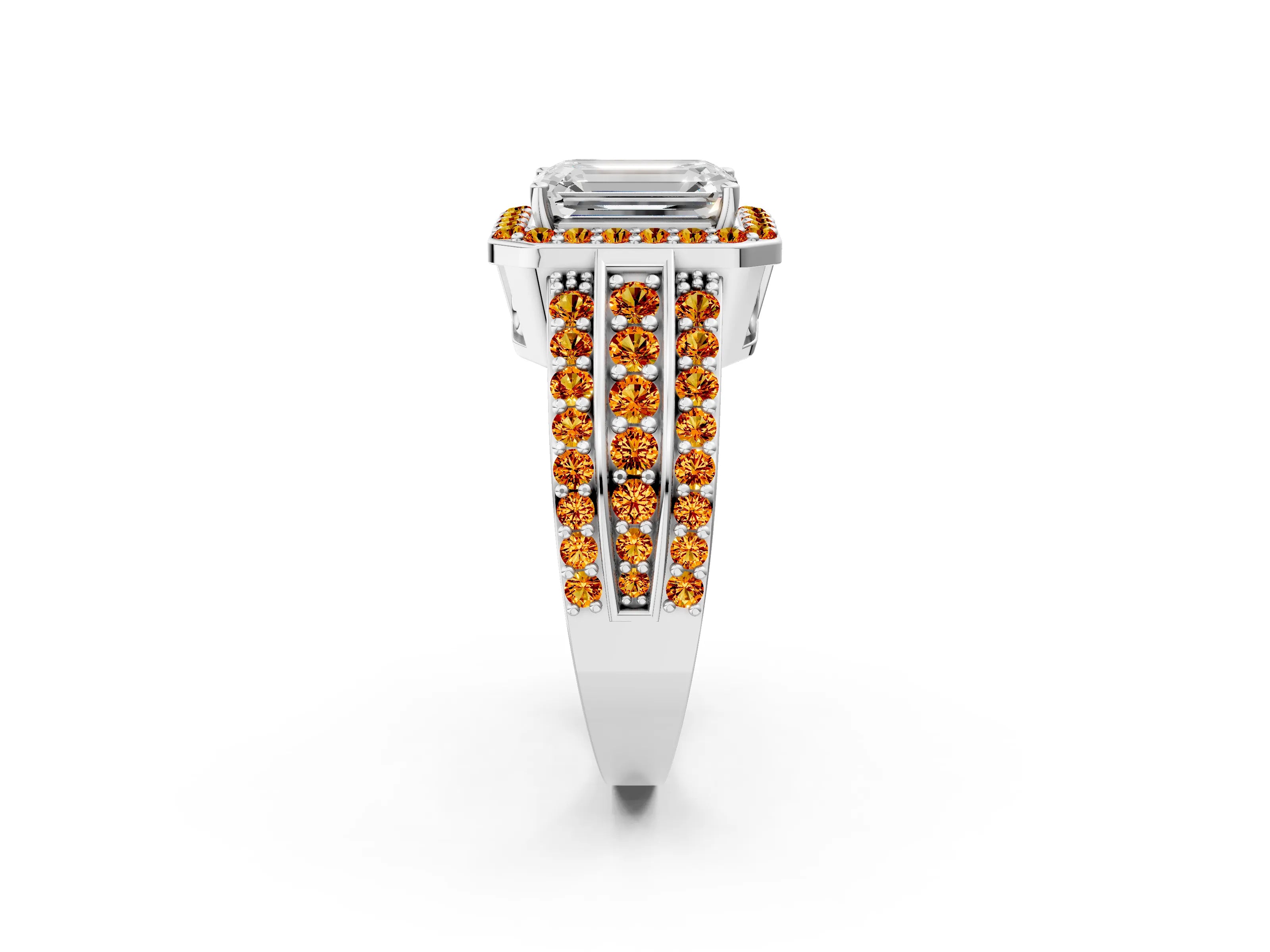 White gold Emerald Cut Halo Diamond Ring with Round with Citrine side stone Split Shank and Prong Setting_14
