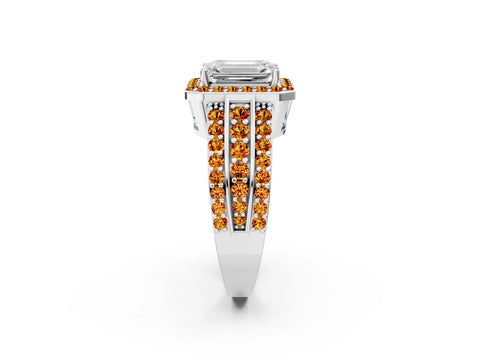White gold Emerald Cut Halo Diamond Ring with Round with Citrine side stone Split Shank and Prong Setting_14