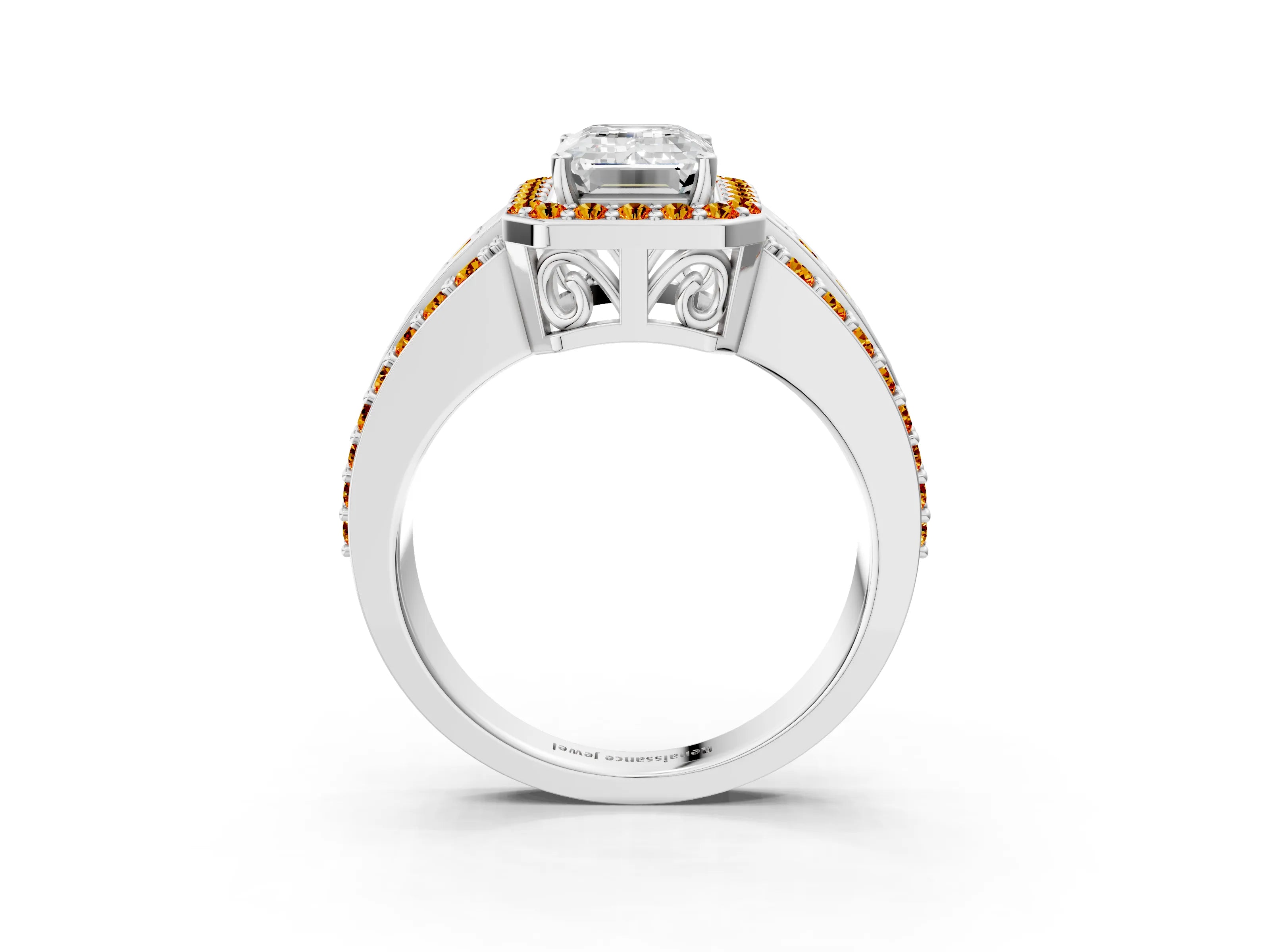 White gold Emerald Cut Halo Diamond Ring with Round with Citrine side stone Split Shank and Prong Setting_15