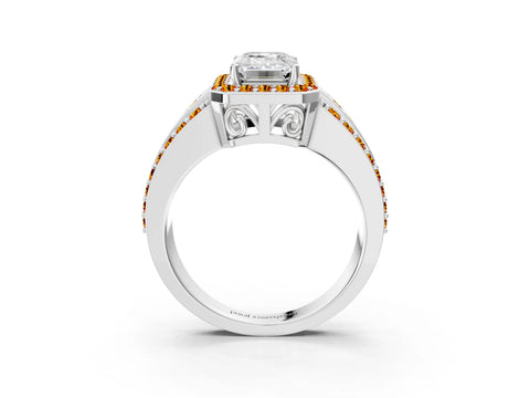 White gold Emerald Cut Halo Diamond Ring with Round with Citrine side stone Split Shank and Prong Setting_15