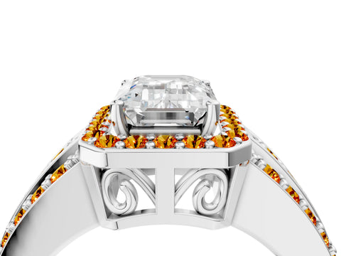 White gold Emerald Cut Halo Diamond Ring with Round with Citrine side stone Split Shank and Prong Setting_16