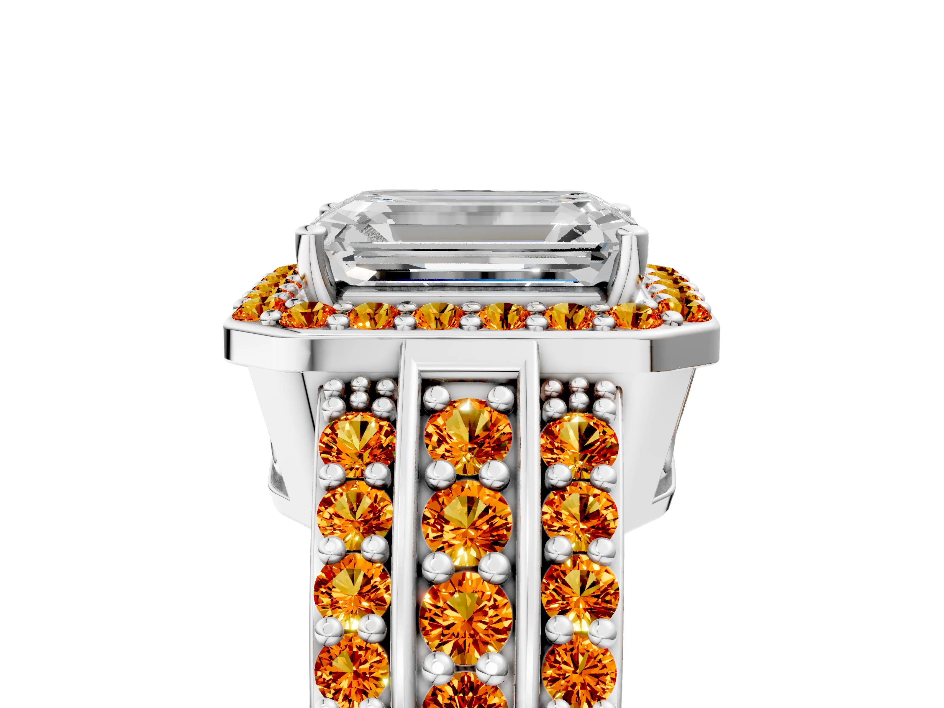 White gold Emerald Cut Halo Diamond Ring with Round with Citrine side stone Split Shank and Prong Setting_17