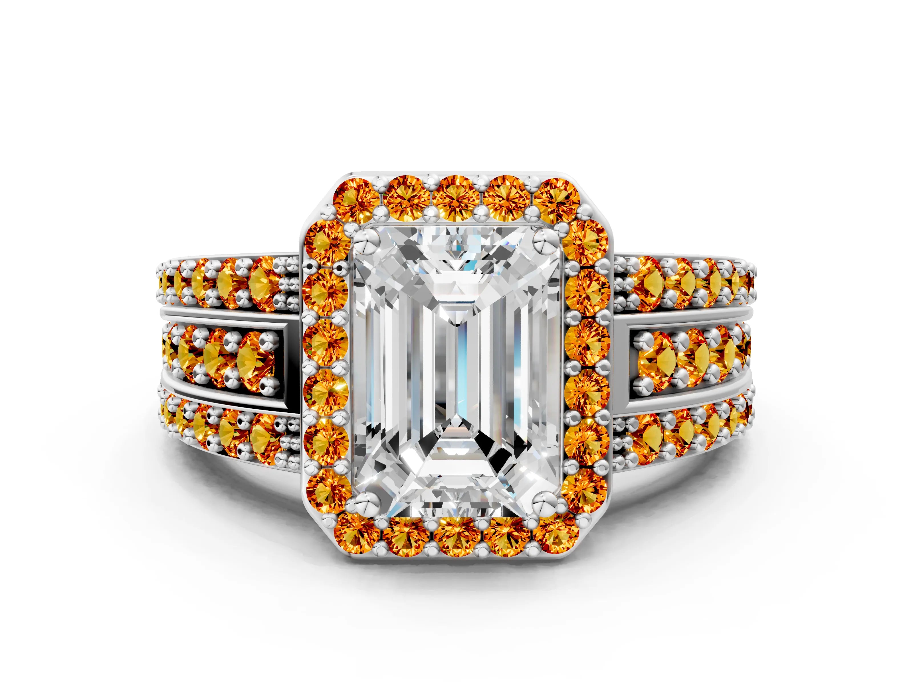 White gold Emerald Cut Halo Diamond Ring with Round with Citrine side stone Split Shank and Prong Setting_24