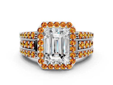 White gold Emerald Cut Halo Diamond Ring with Round with Citrine side stone Split Shank and Prong Setting_24