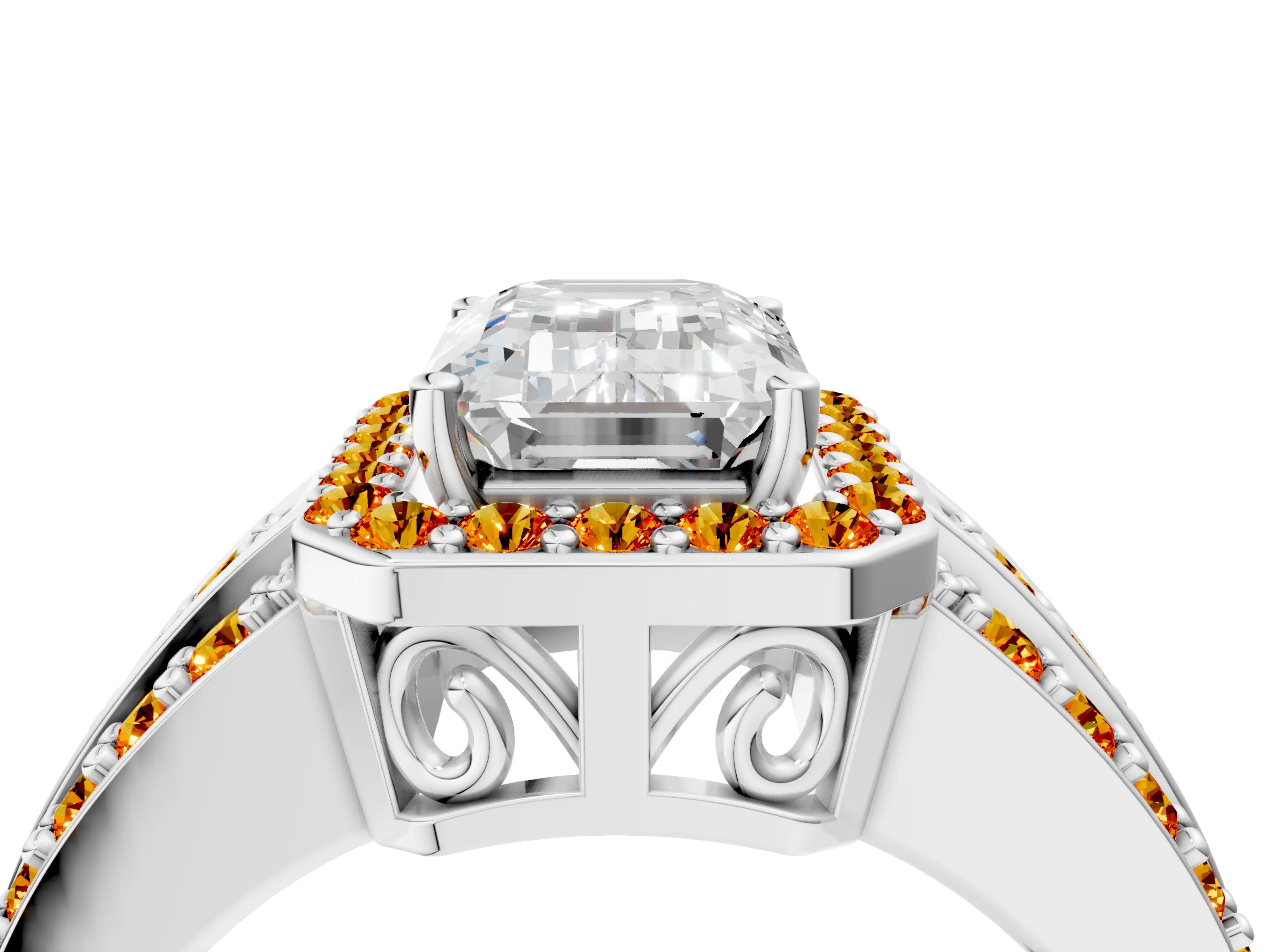 White gold Emerald Cut Halo Diamond Ring with Round with Citrine side stone Split Shank and Prong Setting_28