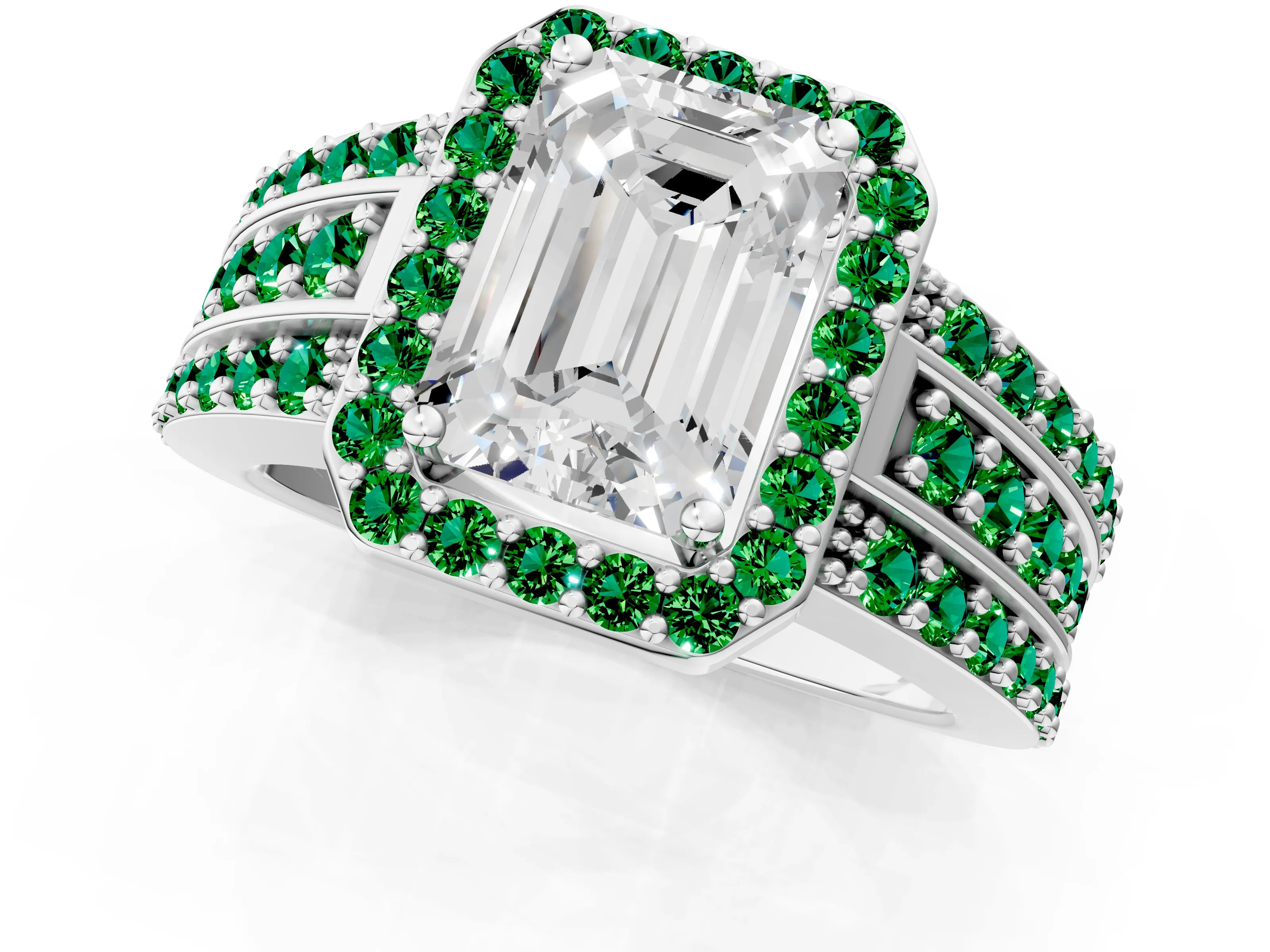 White gold Emerald Cut Halo Diamond Ring with Round with Emerald side stone Split Shank and Prong Setting_25