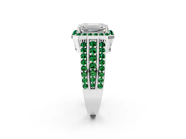 Platinum Emerald Cut Halo Engagement Ring Setting with Lab-Grown Emerald Three Row Pave Band