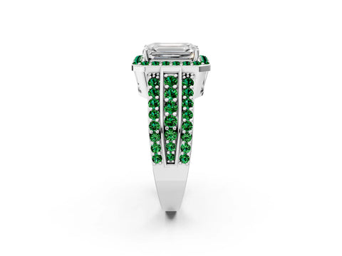White gold Emerald Cut Halo Diamond Ring with Round with Emerald side stone Split Shank and Prong Setting_26