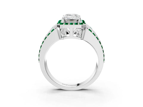 White gold Emerald Cut Halo Diamond Ring with Round with Emerald side stone Split Shank and Prong Setting_27