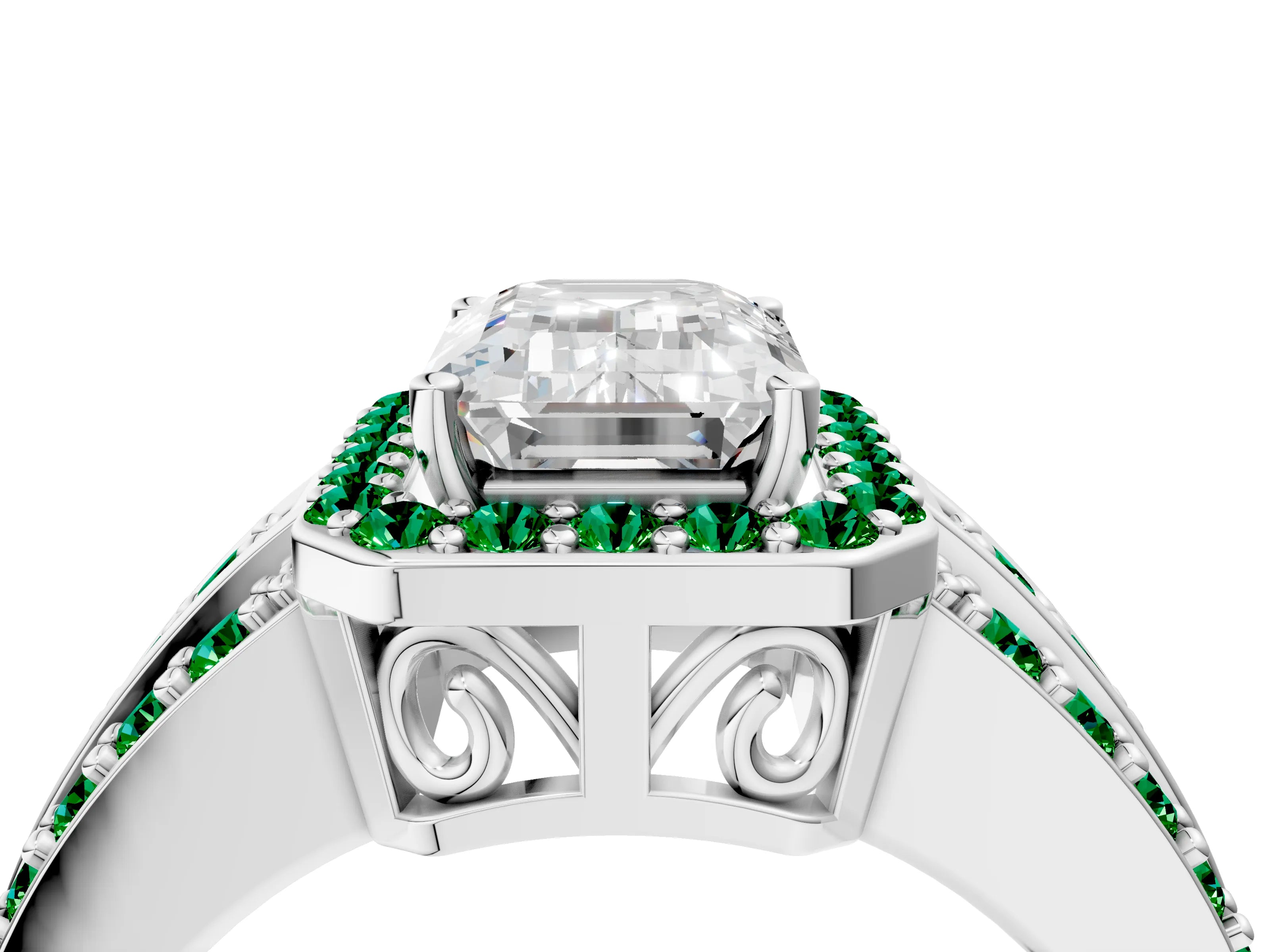 White gold Emerald Cut Halo Diamond Ring with Round with Emerald side stone Split Shank and Prong Setting_28