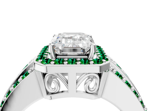 White gold Emerald Cut Halo Diamond Ring with Round with Emerald side stone Split Shank and Prong Setting_28