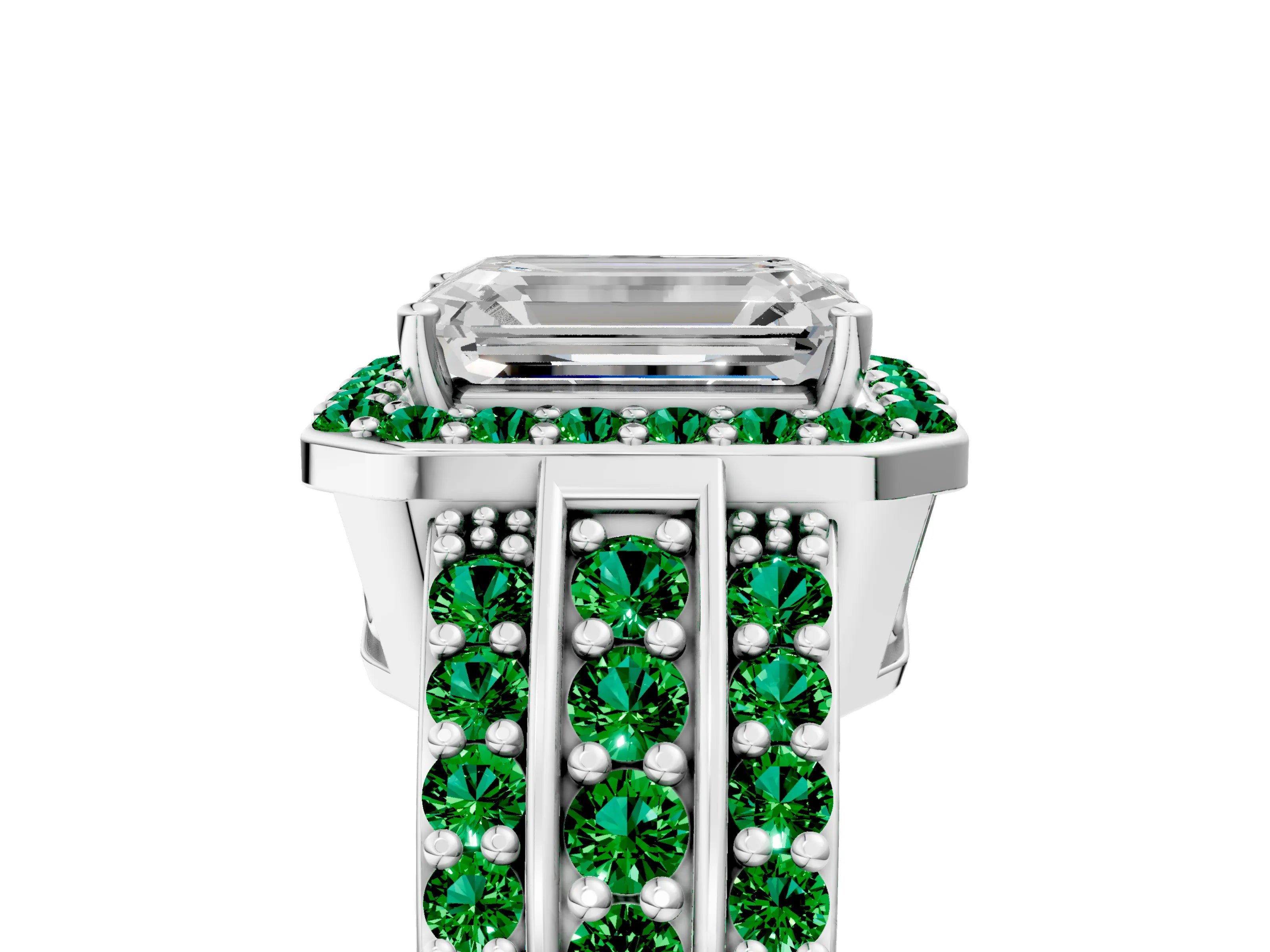 White gold Emerald Cut Halo Diamond Ring with Round with Emerald side stone Split Shank and Prong Setting_29