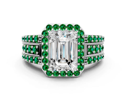 White gold Emerald Cut Halo Diamond Ring with Round with Emerald side stone Split Shank and Prong Setting_36
