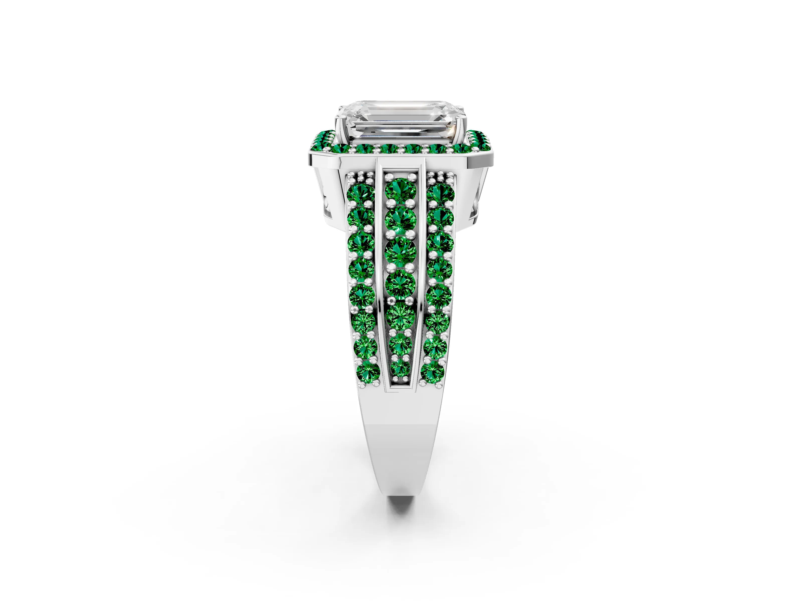 White gold Emerald Cut Halo Diamond Ring with Round with Emerald side stone Split Shank and Prong Setting_38