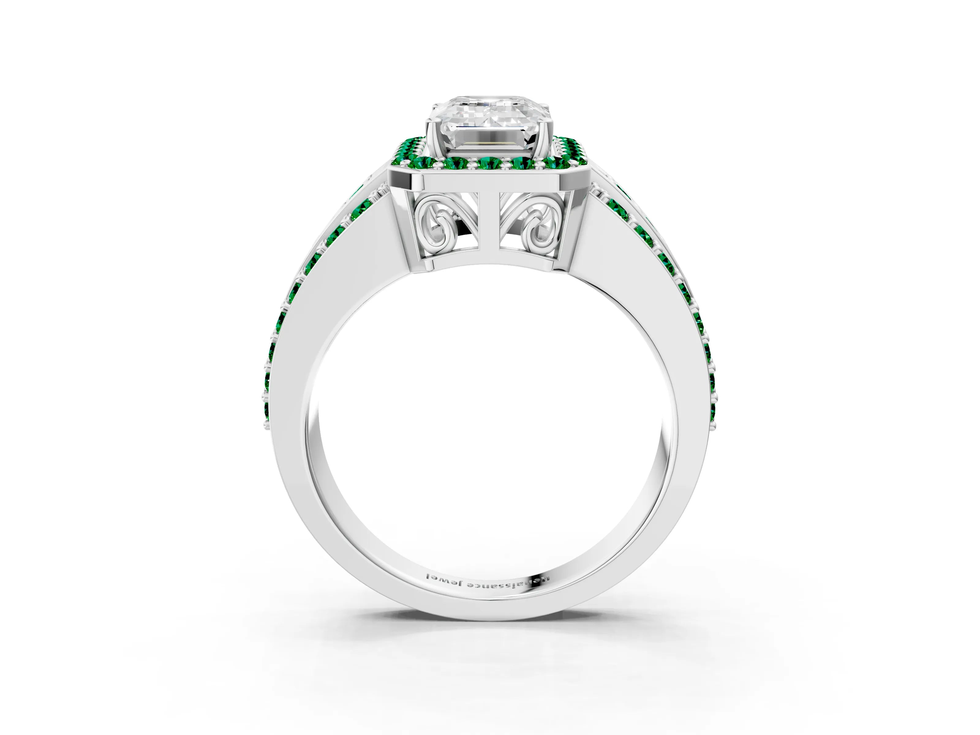 White gold Emerald Cut Halo Diamond Ring with Round with Emerald side stone Split Shank and Prong Setting_39